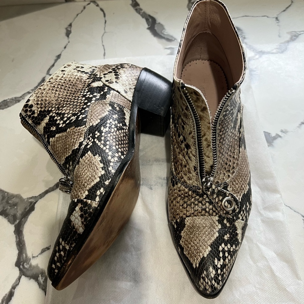 Snake print leather ankle booties with zip front from DOF (Dept of Finery)